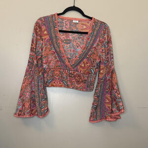 Silk Viscose Blouse Womens Small Pink Cropped Bell Sleeve